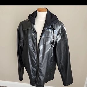 Lee Dungarees Black Faux Leather Inner pockets Hooded Mens Jacket  XL